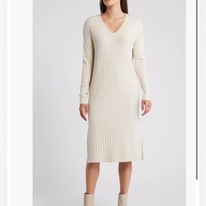 Love Olive Co Cream Long Sleeve Rib Sweater Dress Midi Length Size S